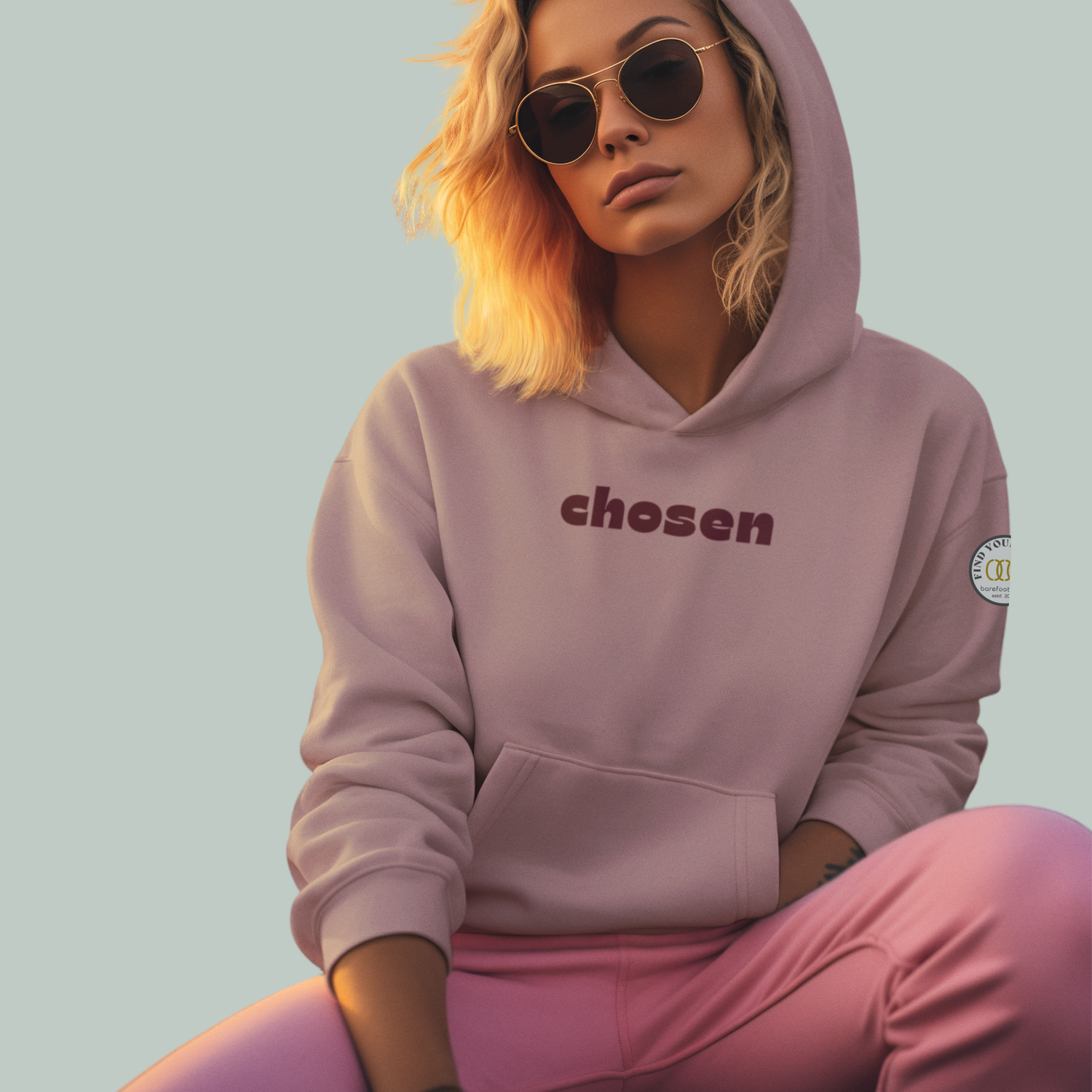 An ivory hoodie with no drawstring with various words embroidered on the center chest area.